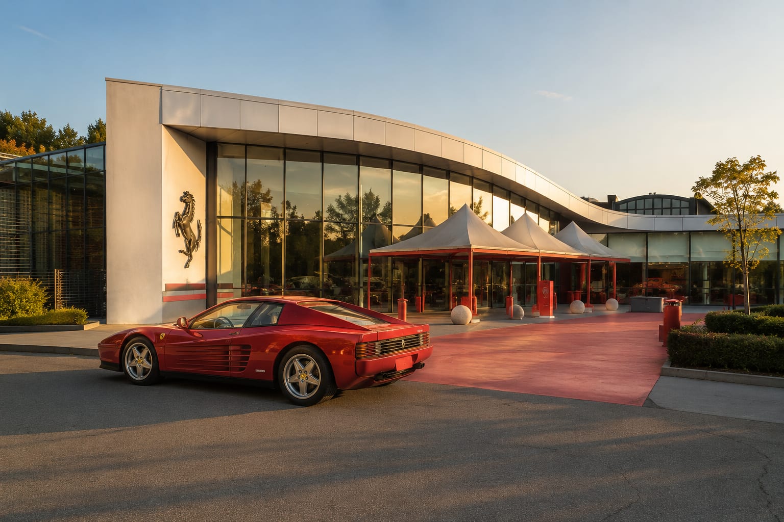 A red Ferrari Testarossa parked before the curved glass facade of the Museo Ferrari in Maranello at golden hour