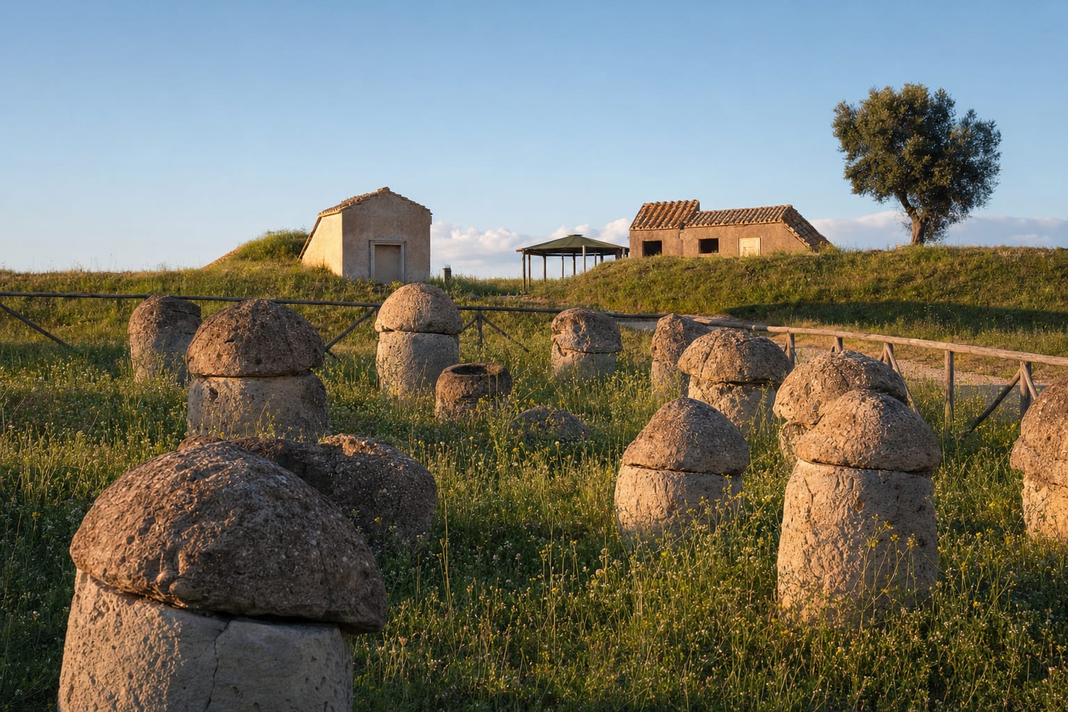 Cippi scattered over the painted tombs of Monterozzi, Tarquinia