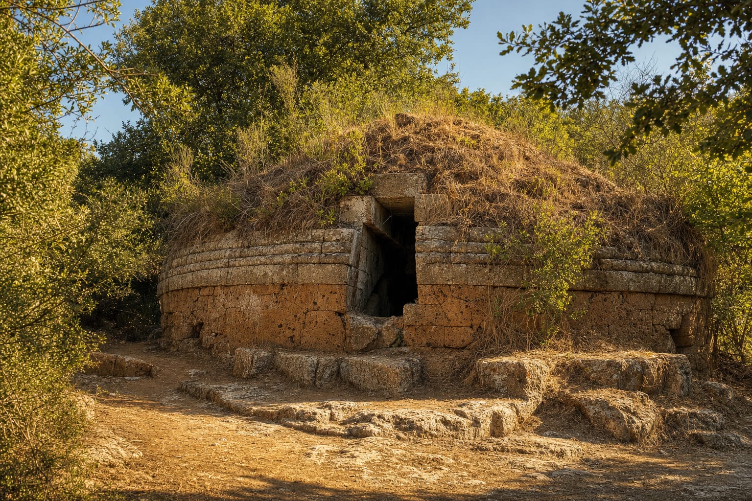A carved tumulus along the streets of the dead at Banditaccia, Cerveteri