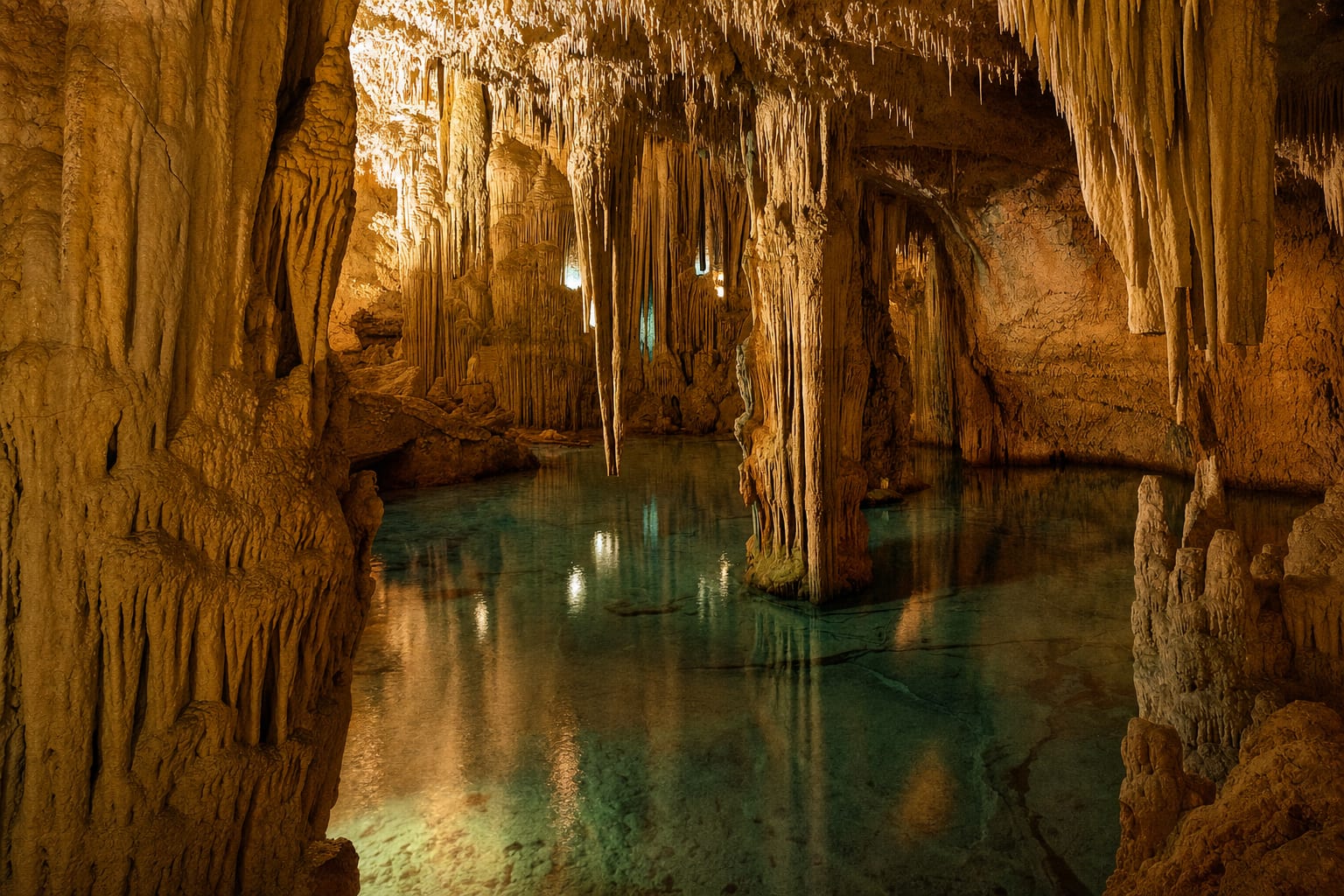 Golden flowstone halls over still water in Neptune's Grotto