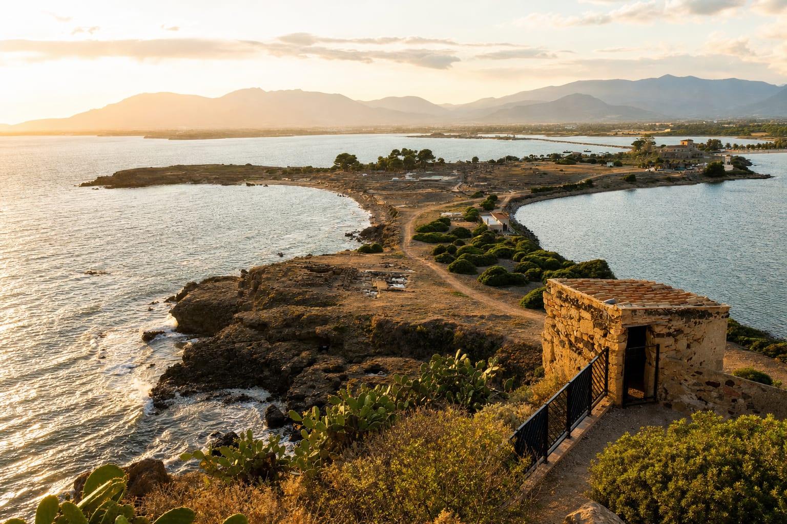 The cape of Nora with its tower and Roman ruins meeting the sea
