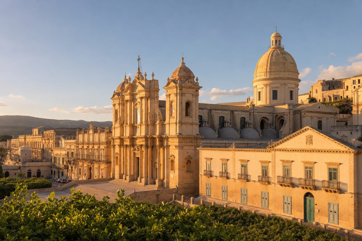 Noto Cathedral glowing honey-gold above its grand staircase