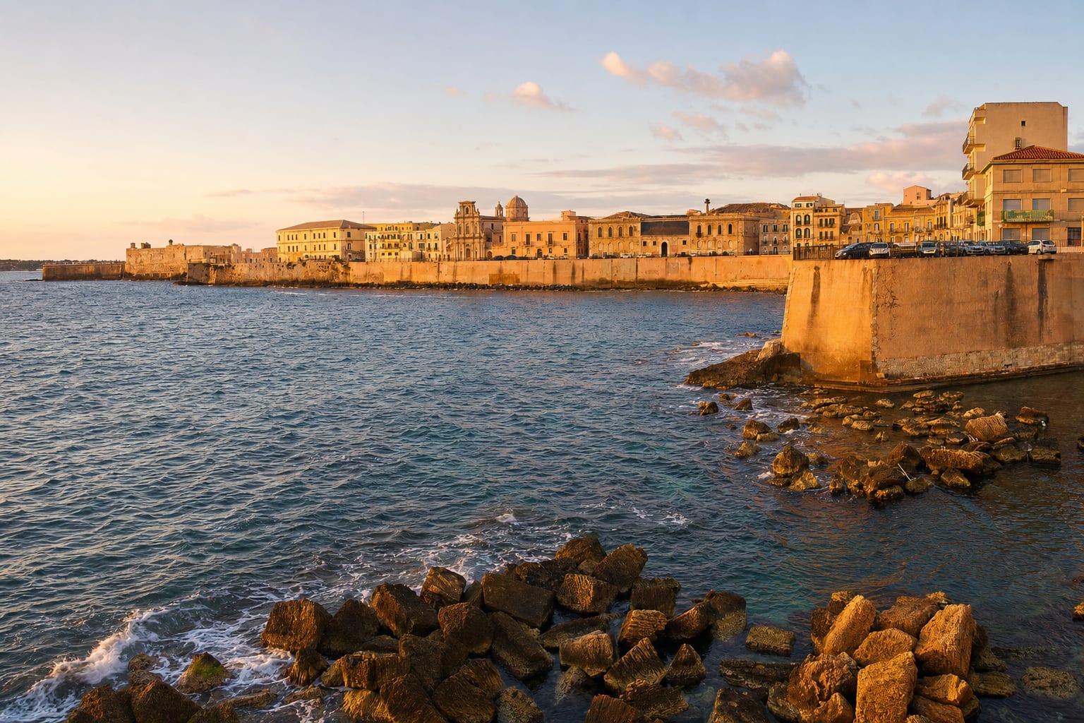 Ortigia's sea walls and baroque skyline at golden hour, Syracuse