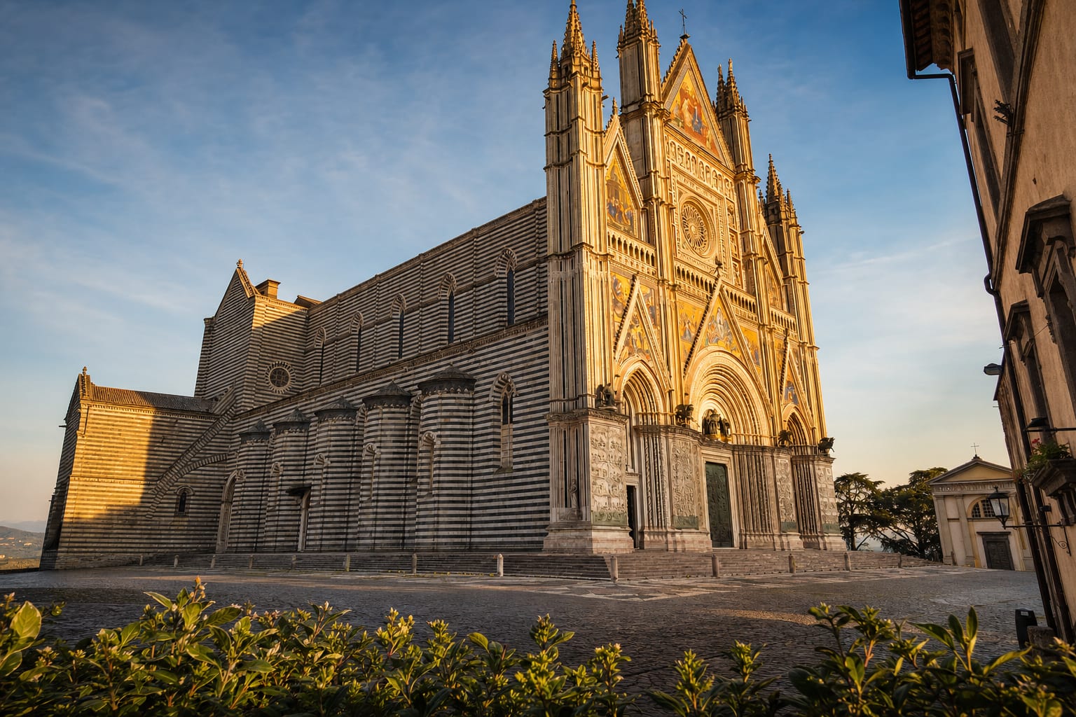 Orvieto Cathedral's striped flanks and gabled golden facade at dusk