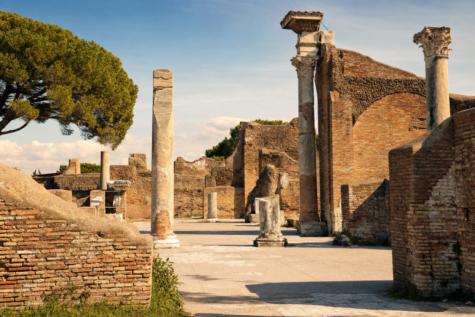 Columns and pines along the forum of Ostia Antica