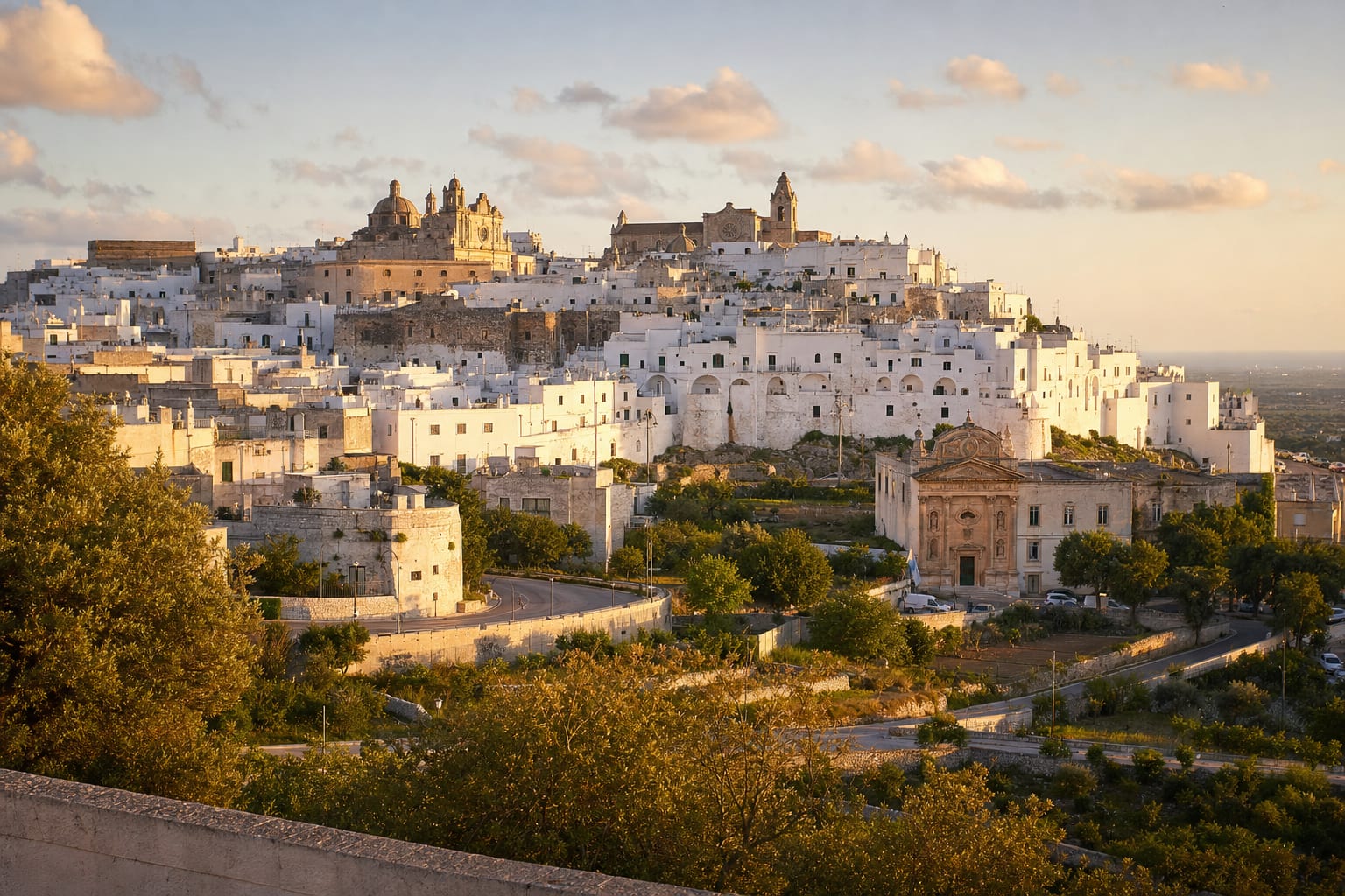 Ostuni's whitewashed crown above the olive plain at golden hour