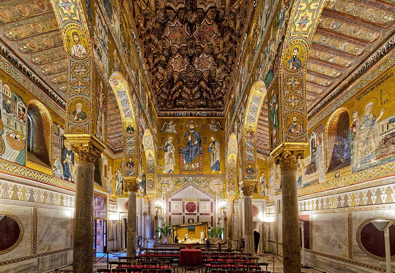 Gold mosaics and muqarnas ceiling inside the Palatine Chapel, Palermo