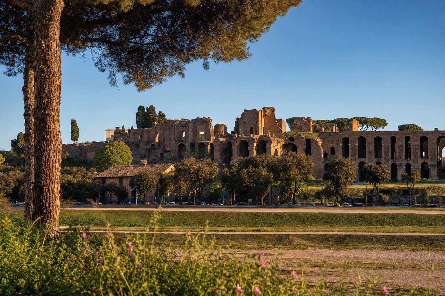 The palace ruins of the Palatine seen across the Circus Maximus