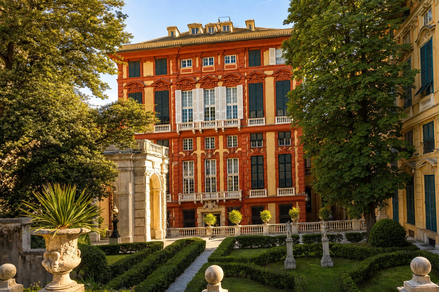 A red Rolli palace and its parterre on Genoa's palace streets