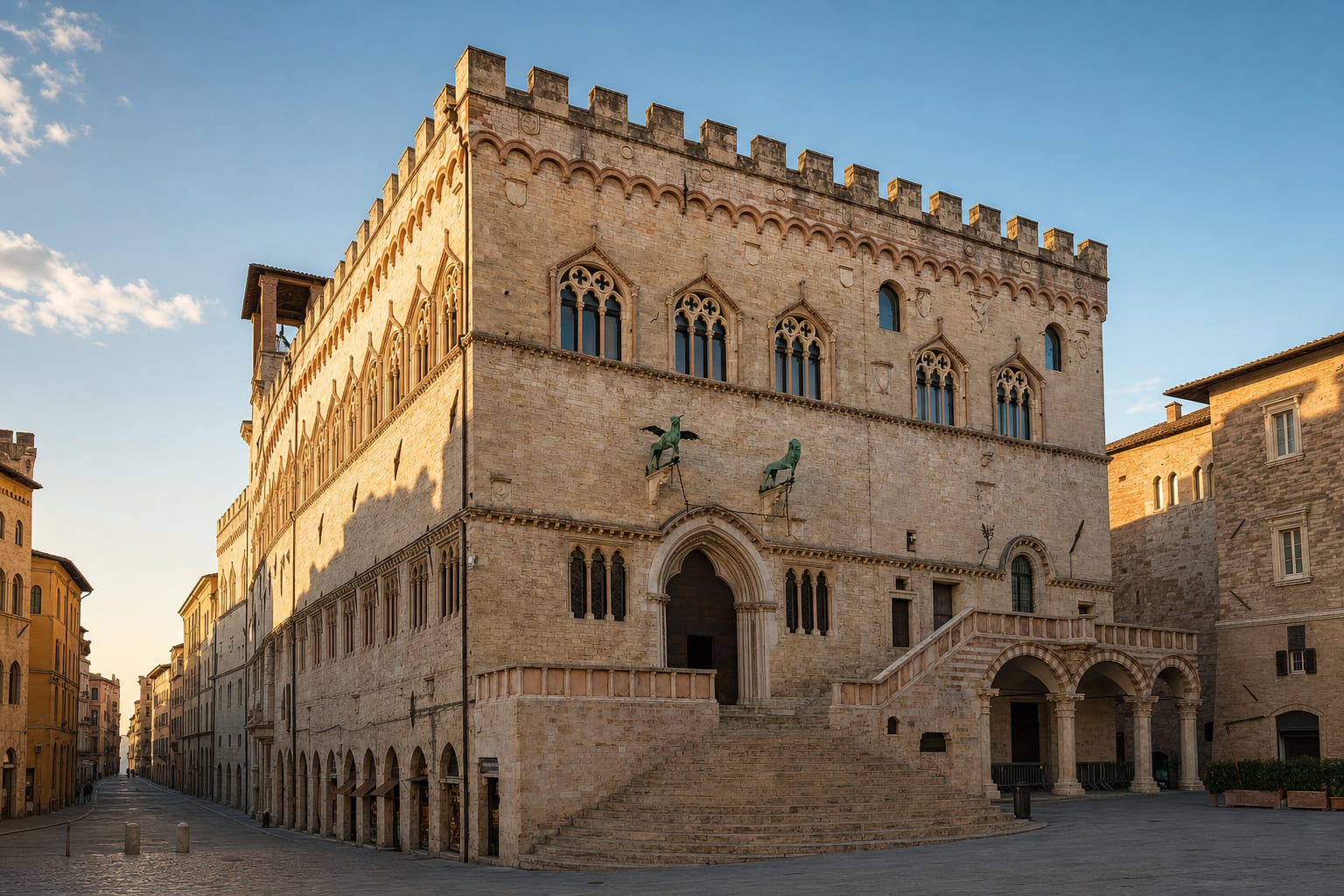 Palazzo dei Priori's Gothic flank and fan staircase, Perugia