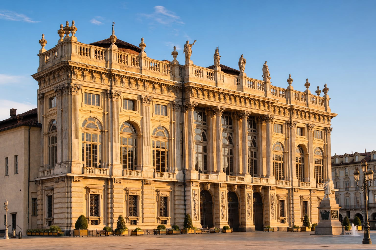 Juvarra's baroque front of Palazzo Madama on Piazza Castello, Turin