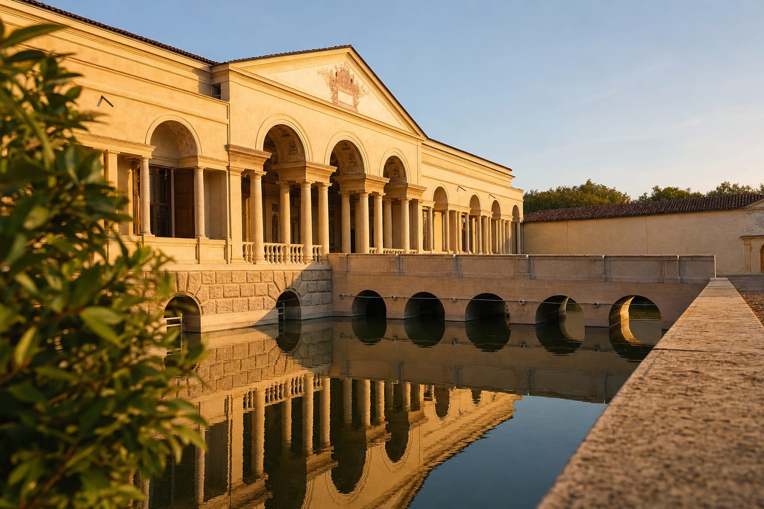 The loggia of Palazzo Te reflected in its fishponds, Mantua