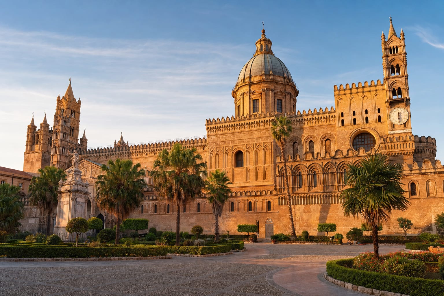 Palermo Cathedral's towers, porch and dome in evening light