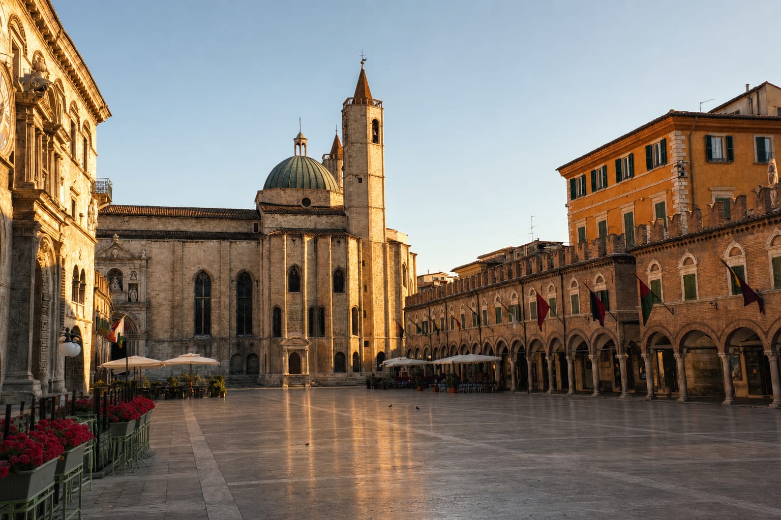 Ascoli's Piazza del Popolo glowing in travertine at dusk