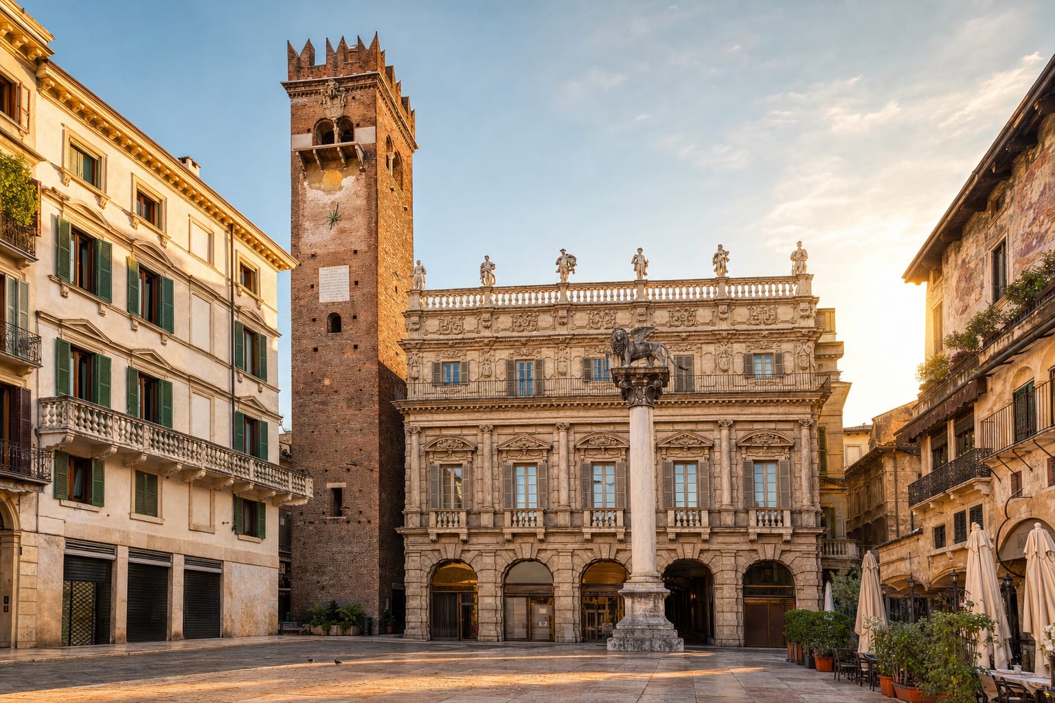 Piazza delle Erbe's towers and Baroque crown at Verona's heart
