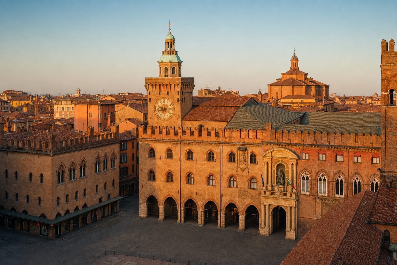 Piazza Maggiore from above, Bologna's civic heart at golden hour