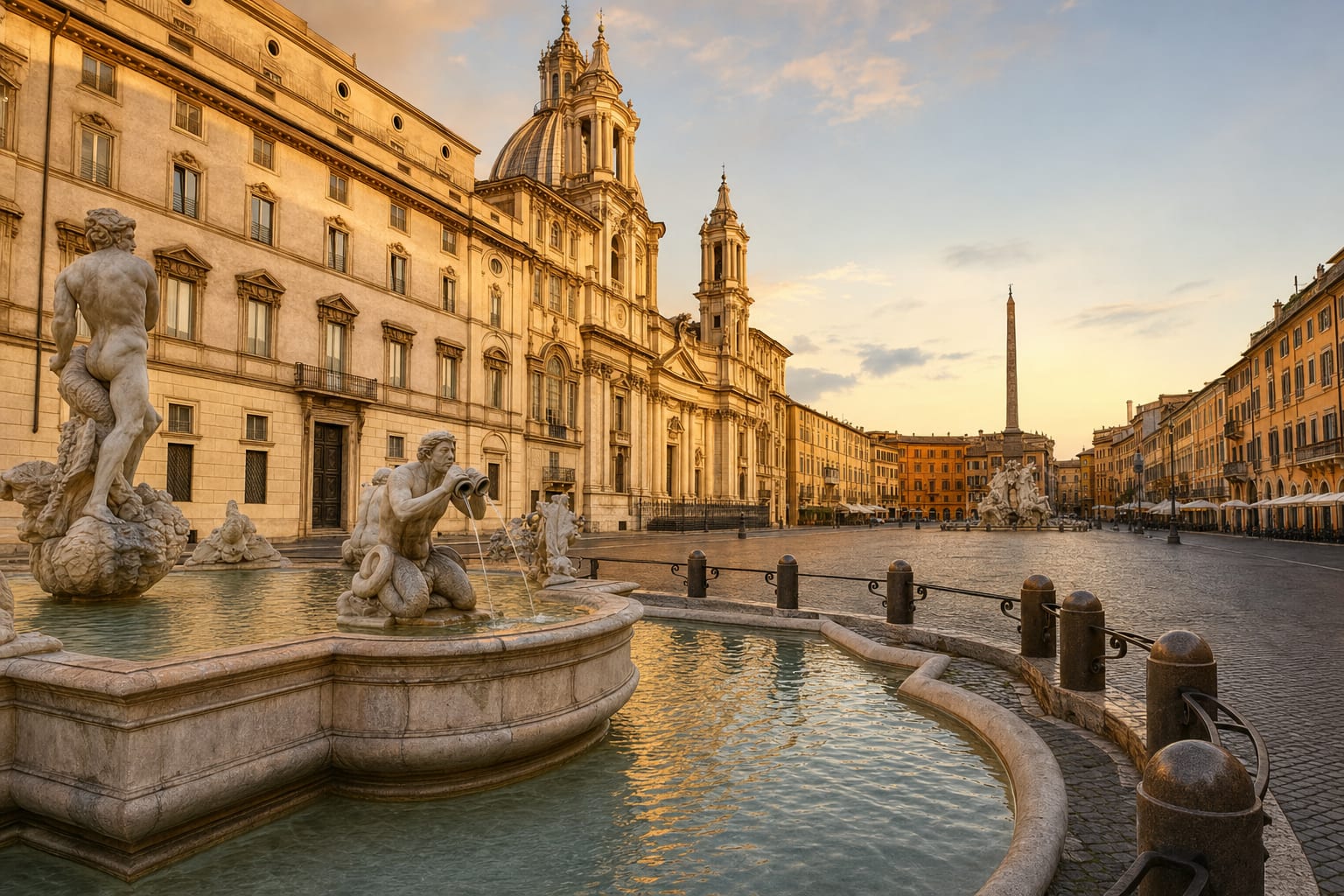 Piazza Navona at dusk, fountains leading to Sant'Agnese and the obelisk