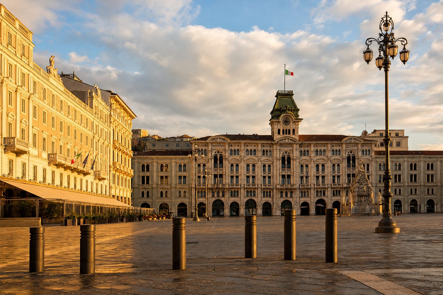 Piazza Unita d'Italia open to the dawn, Trieste's salon by the sea