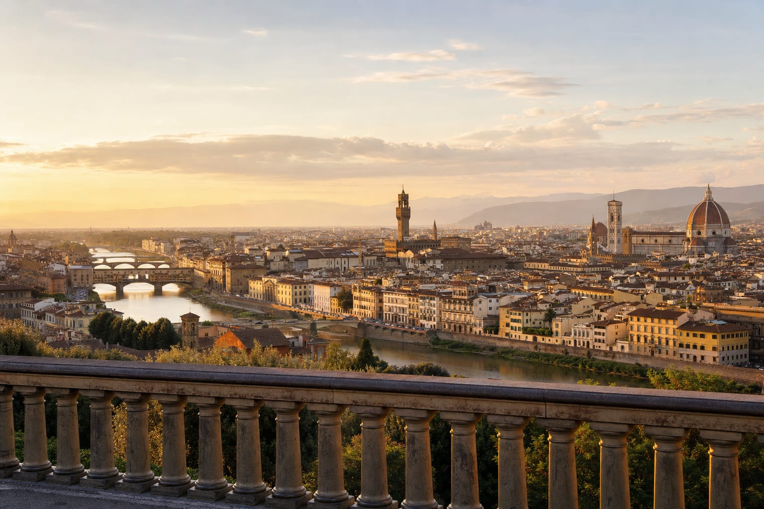 Florence arranged below Piazzale Michelangelo at dusk