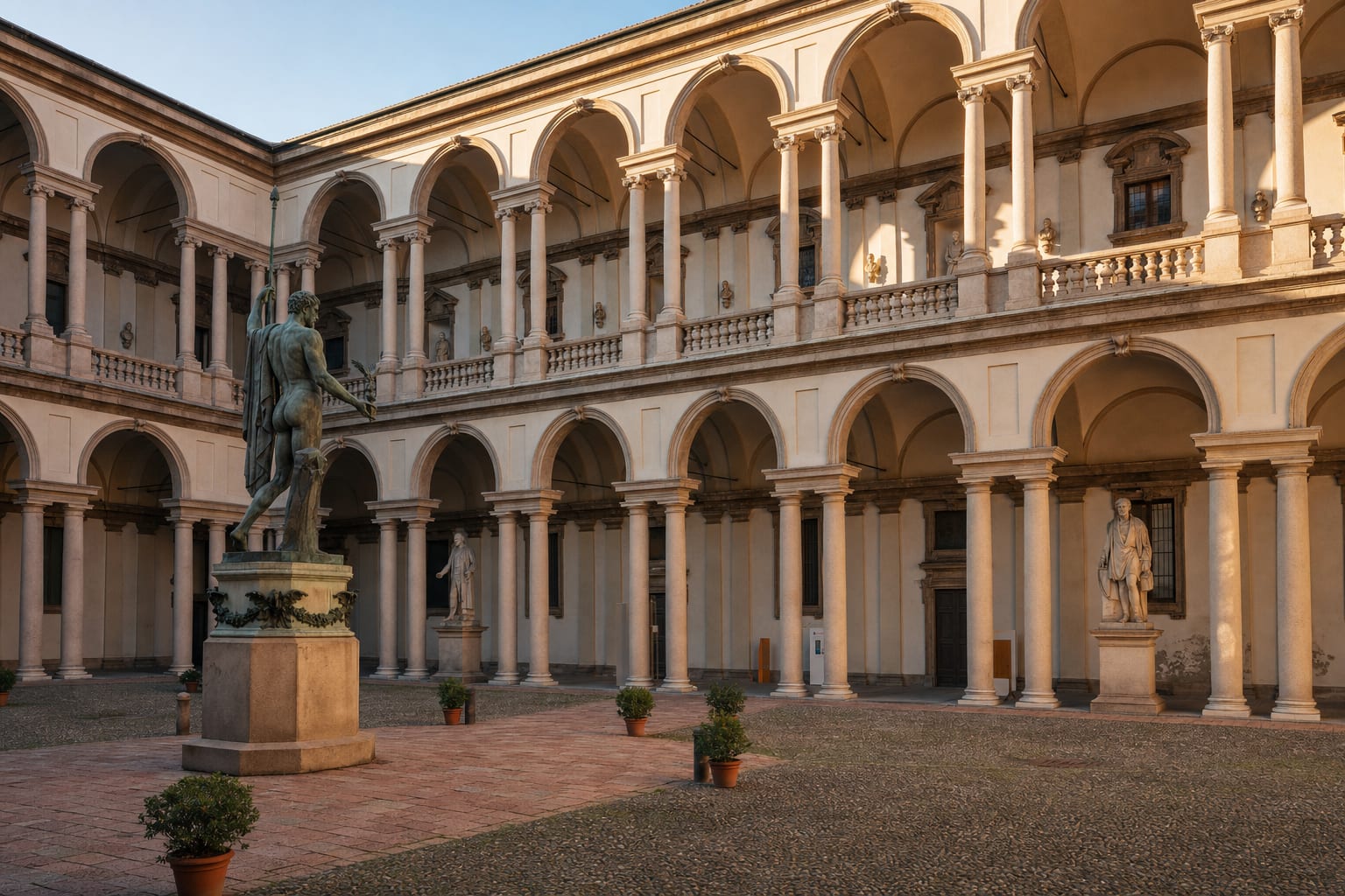 The double loggia courtyard of the Brera, Napoleon in bronze at its heart