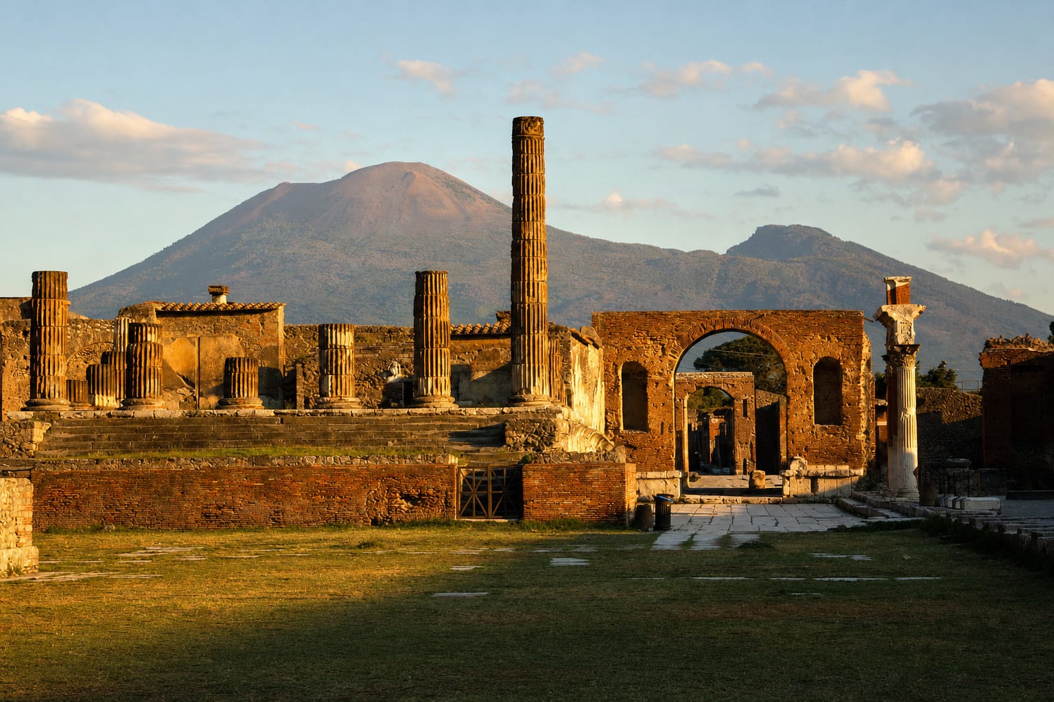 Pompeii's forum columns beneath Vesuvius in evening light