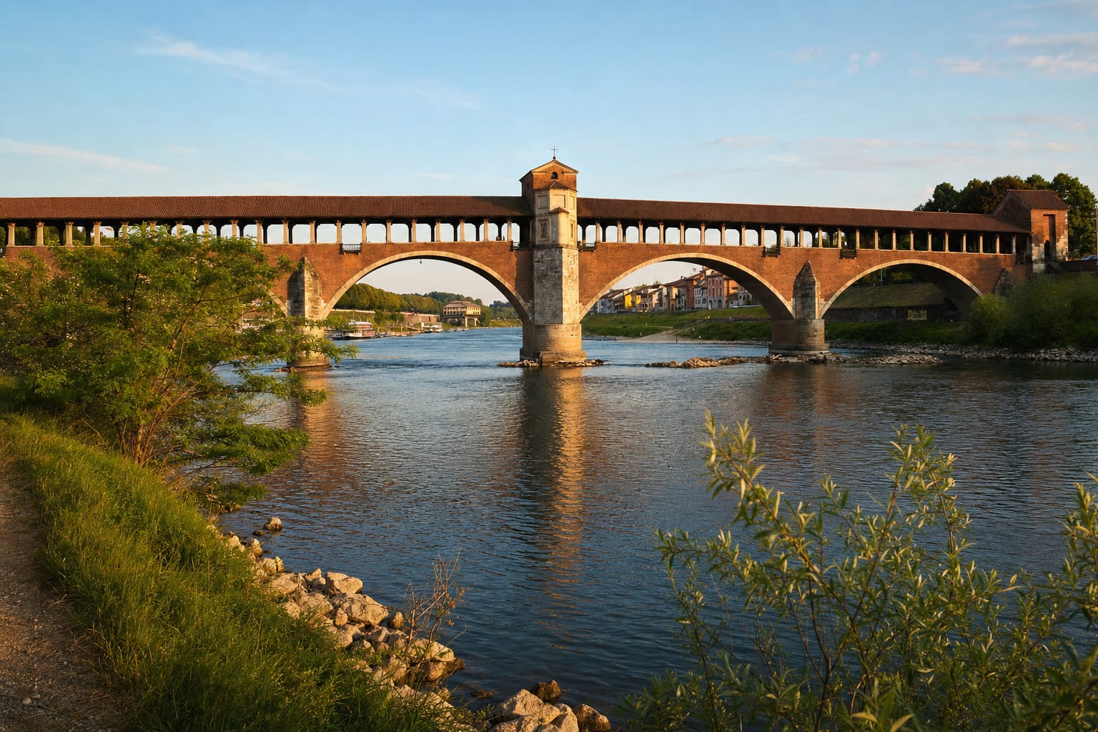 Pavia's covered bridge crossing the Ticino under one long roof