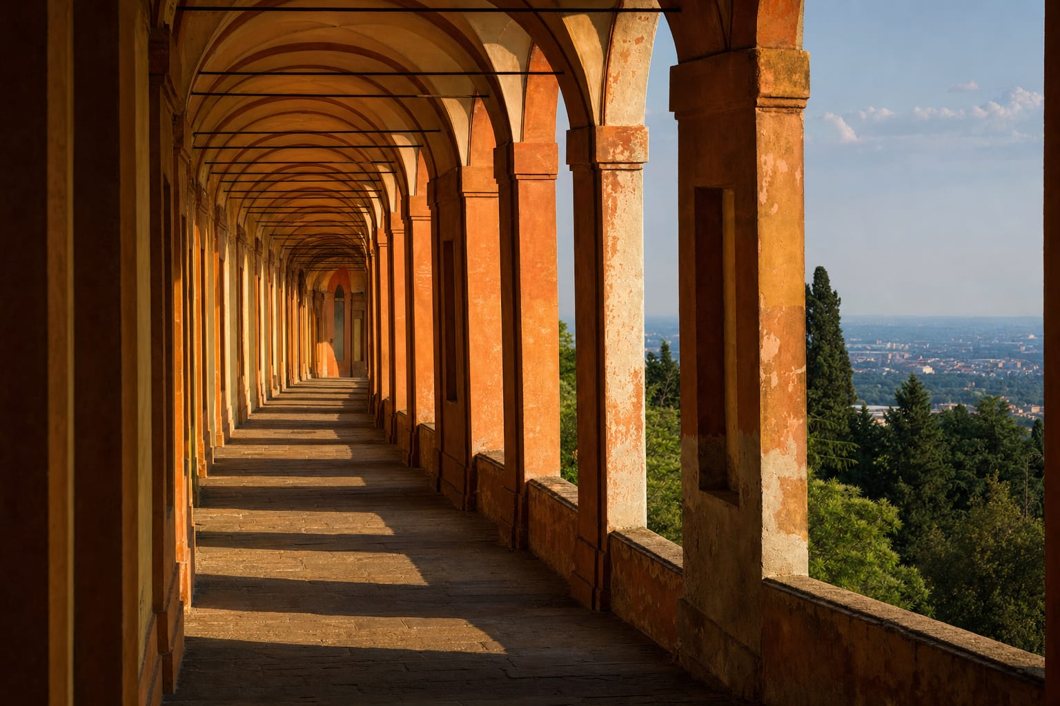 Inside the portico of San Luca, 666 arches climbing above Bologna