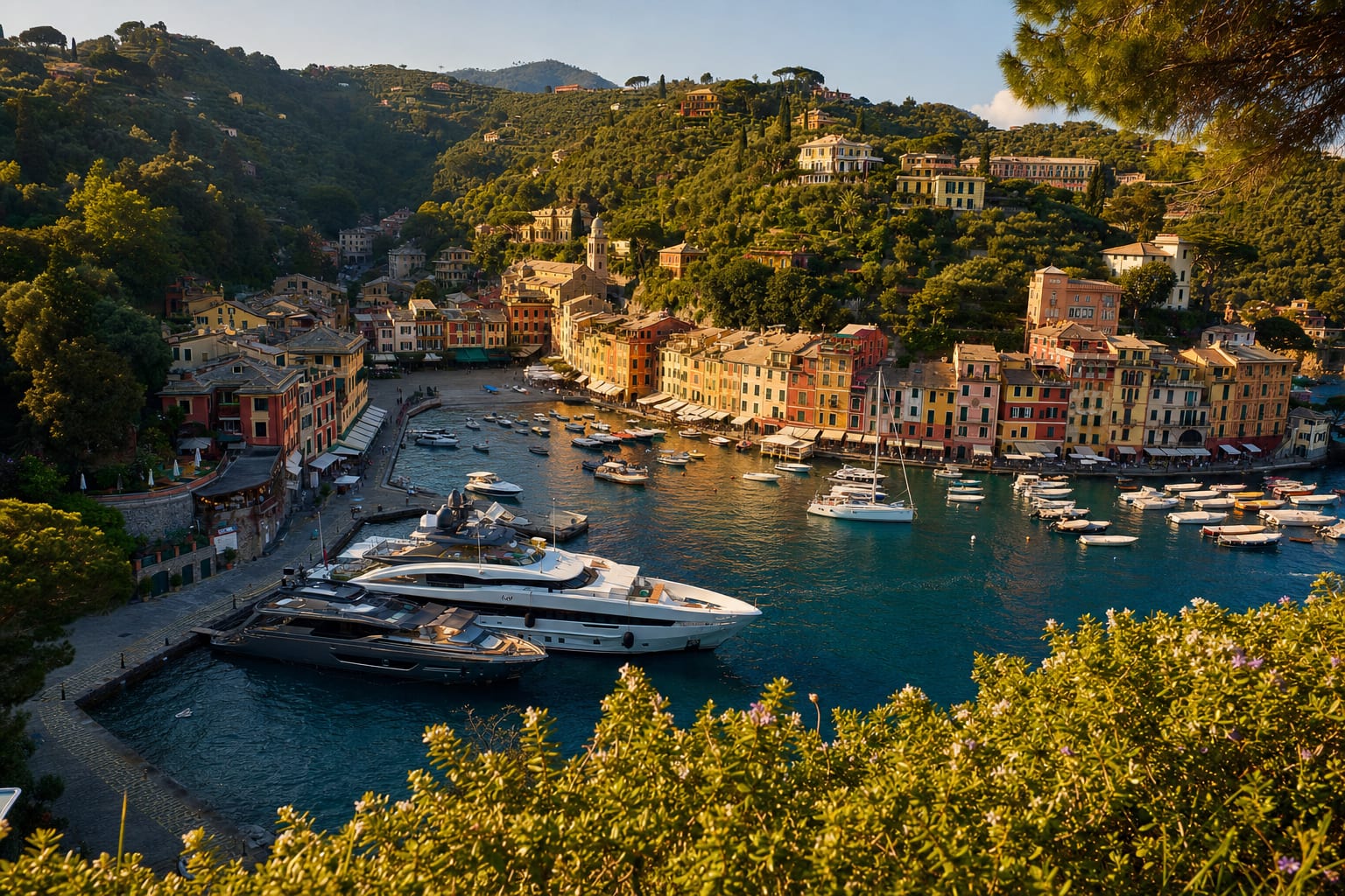 Portofino's painted half-moon harbor from the headland pines