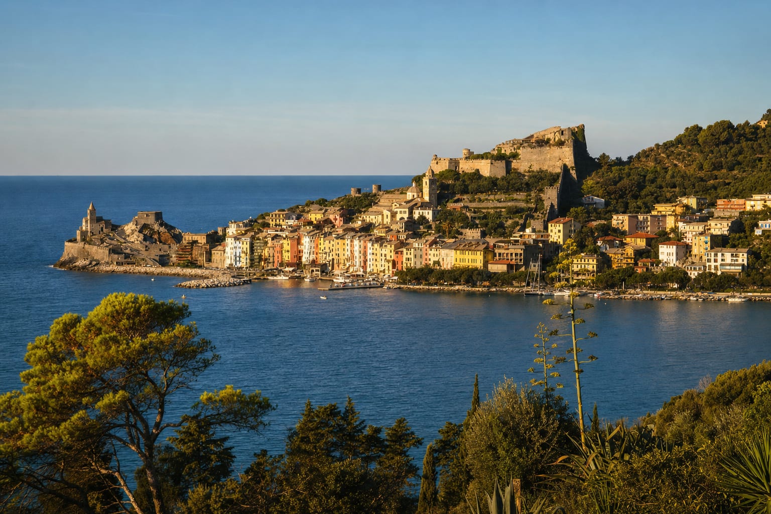 Portovenere's painted row and San Pietro church on the Gulf of Poets