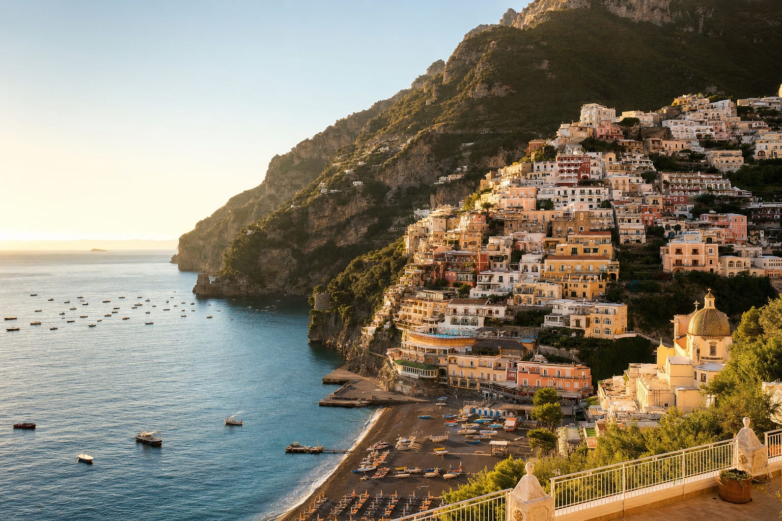 Positano stacked down its ravine to the evening sea