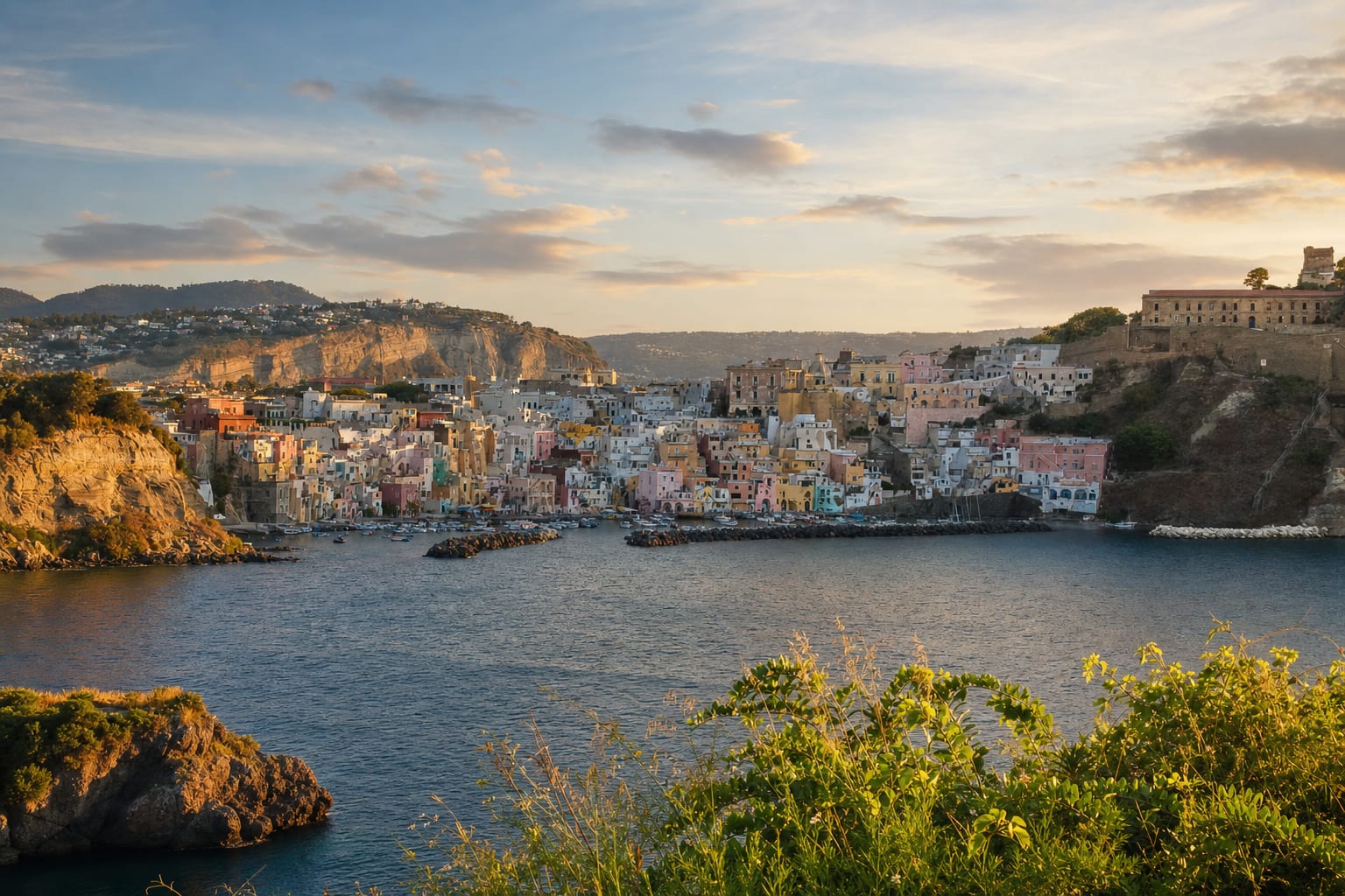 Procida's pastel tiers above the harbor, Terra Murata at the crown