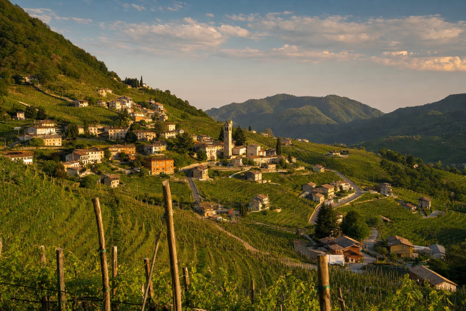 Vine ridges of the Prosecco hills rolling toward Valdobbiadene