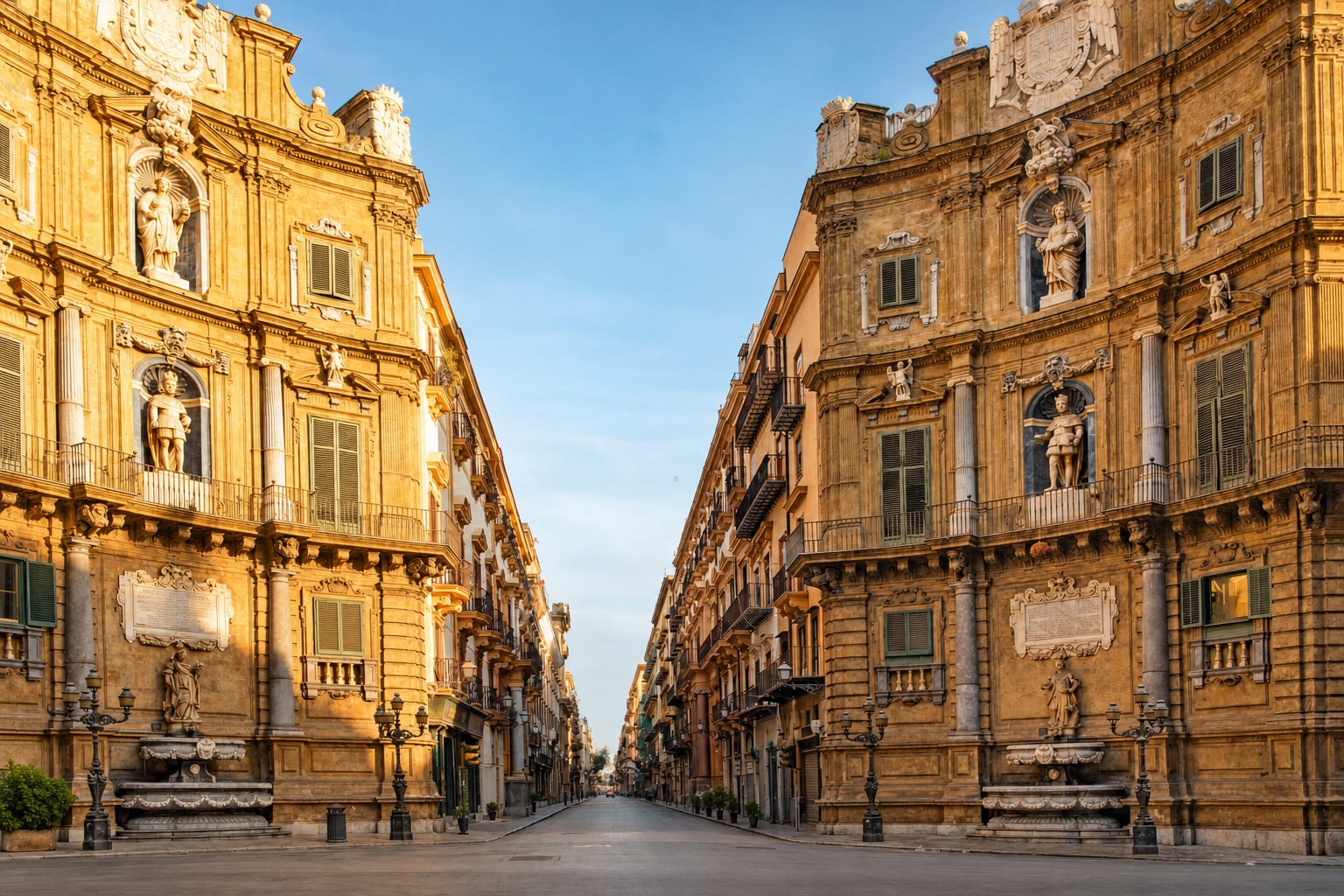 The four curved facades of the Quattro Canti crossing, Palermo