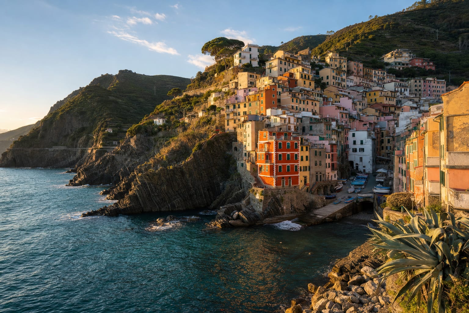 Riomaggiore's painted towers tumbling to their slipway cove