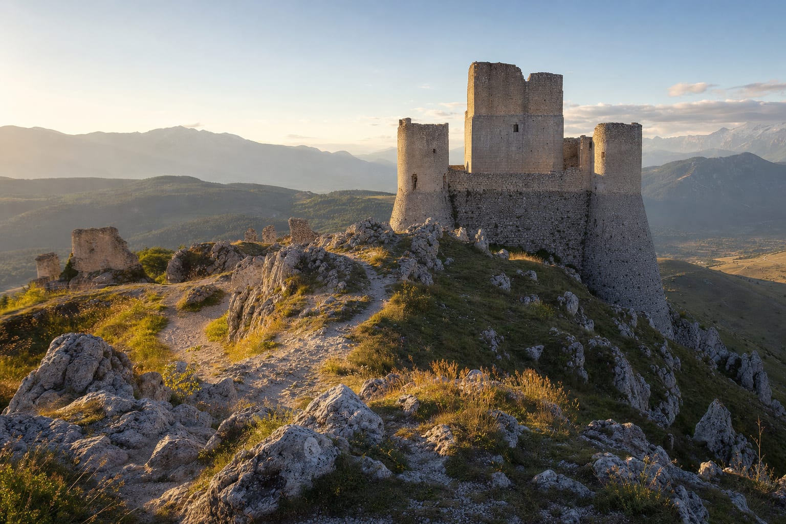 Rocca Calascio's bare keep at 1400 meters on its Abruzzo ridge