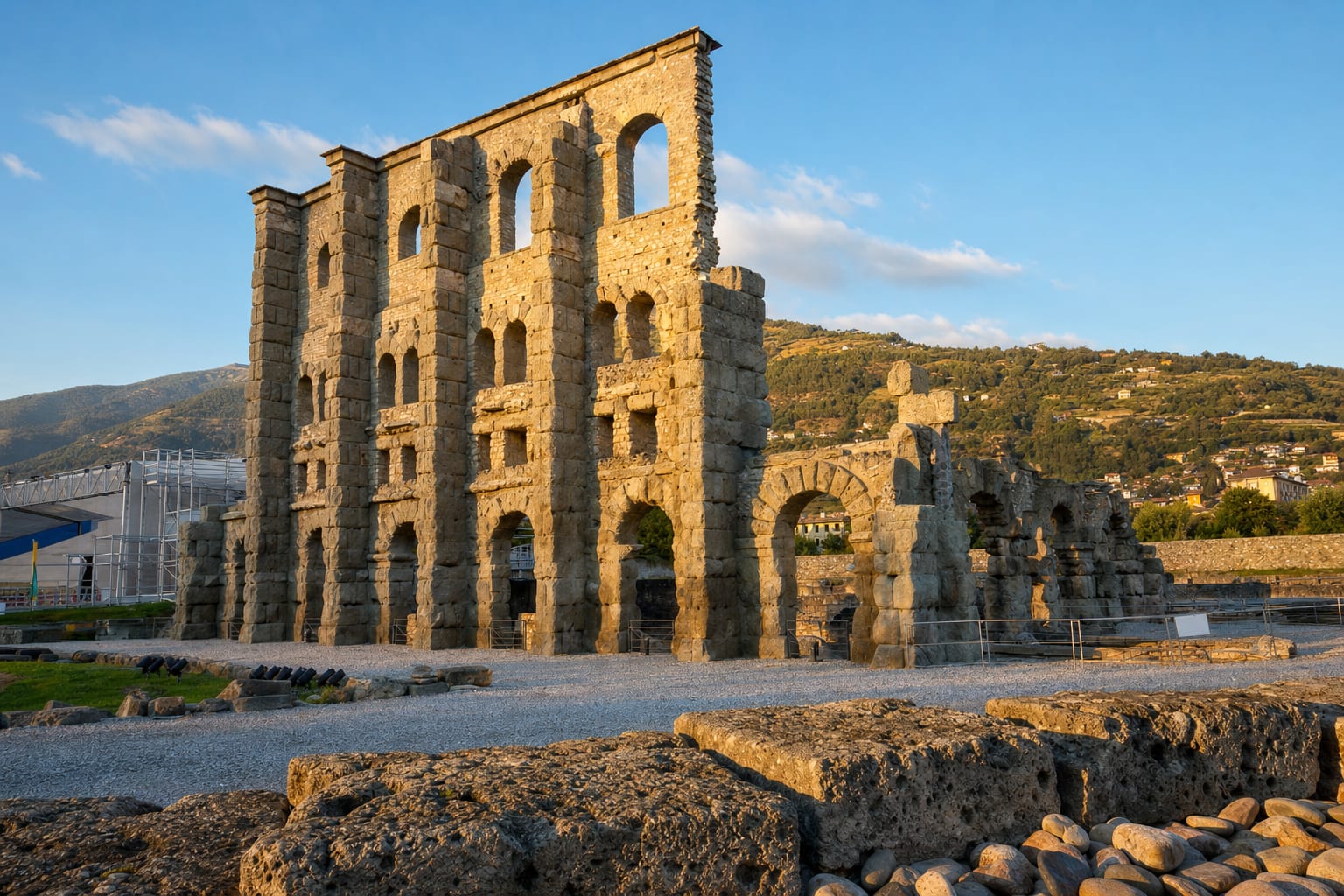The pierced facade wall of Aosta's Roman theatre against the Alps