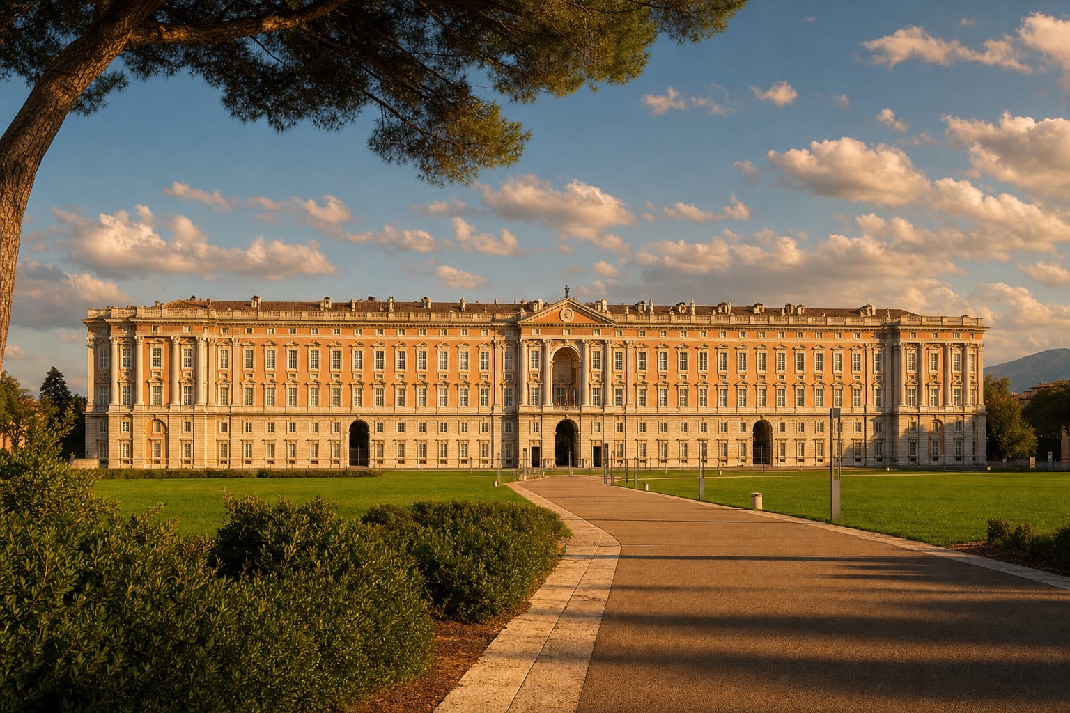 The quarter-kilometer front of the Reggia di Caserta at golden hour