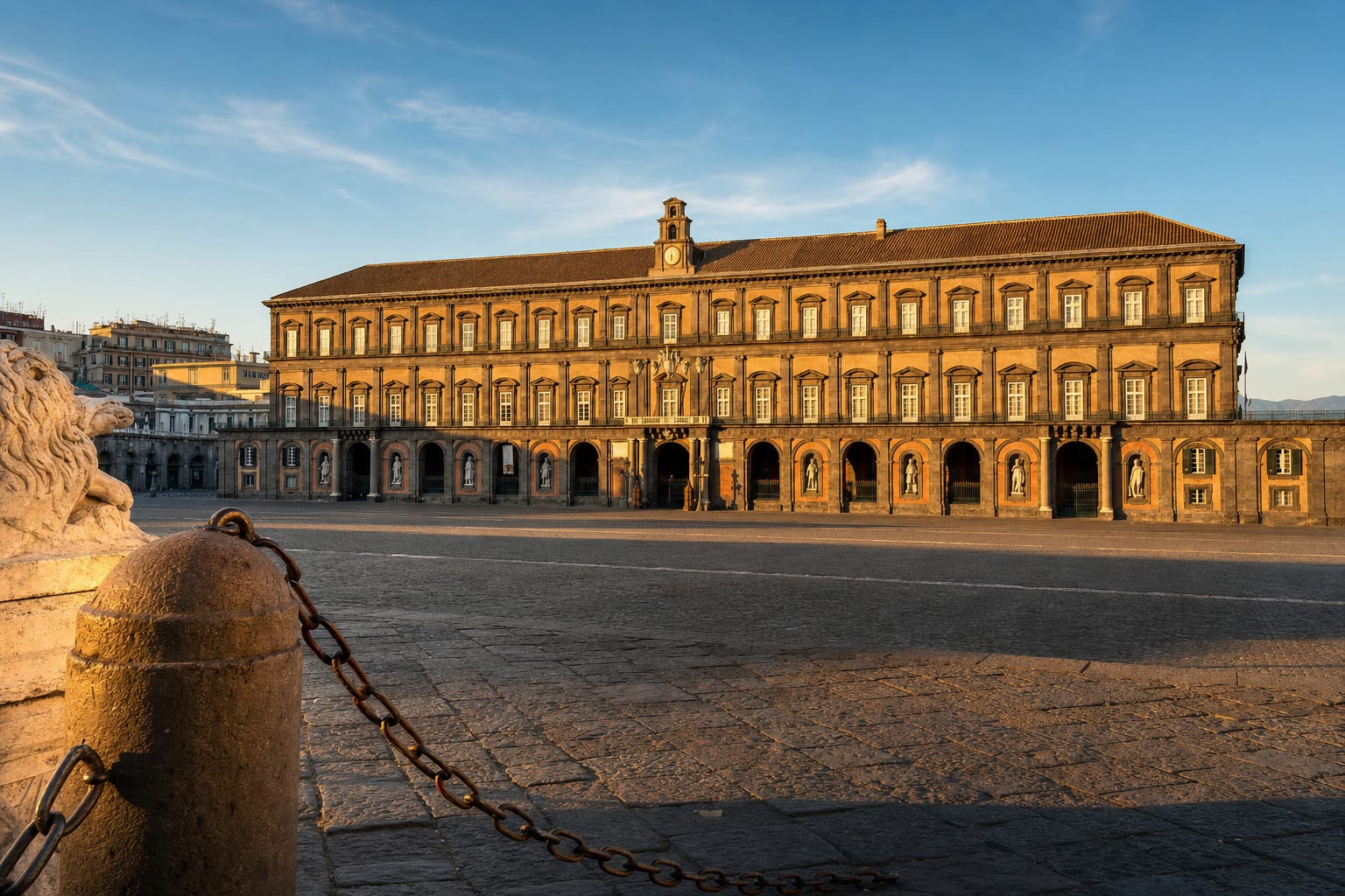 The Royal Palace's long red front on Piazza del Plebiscito, Naples