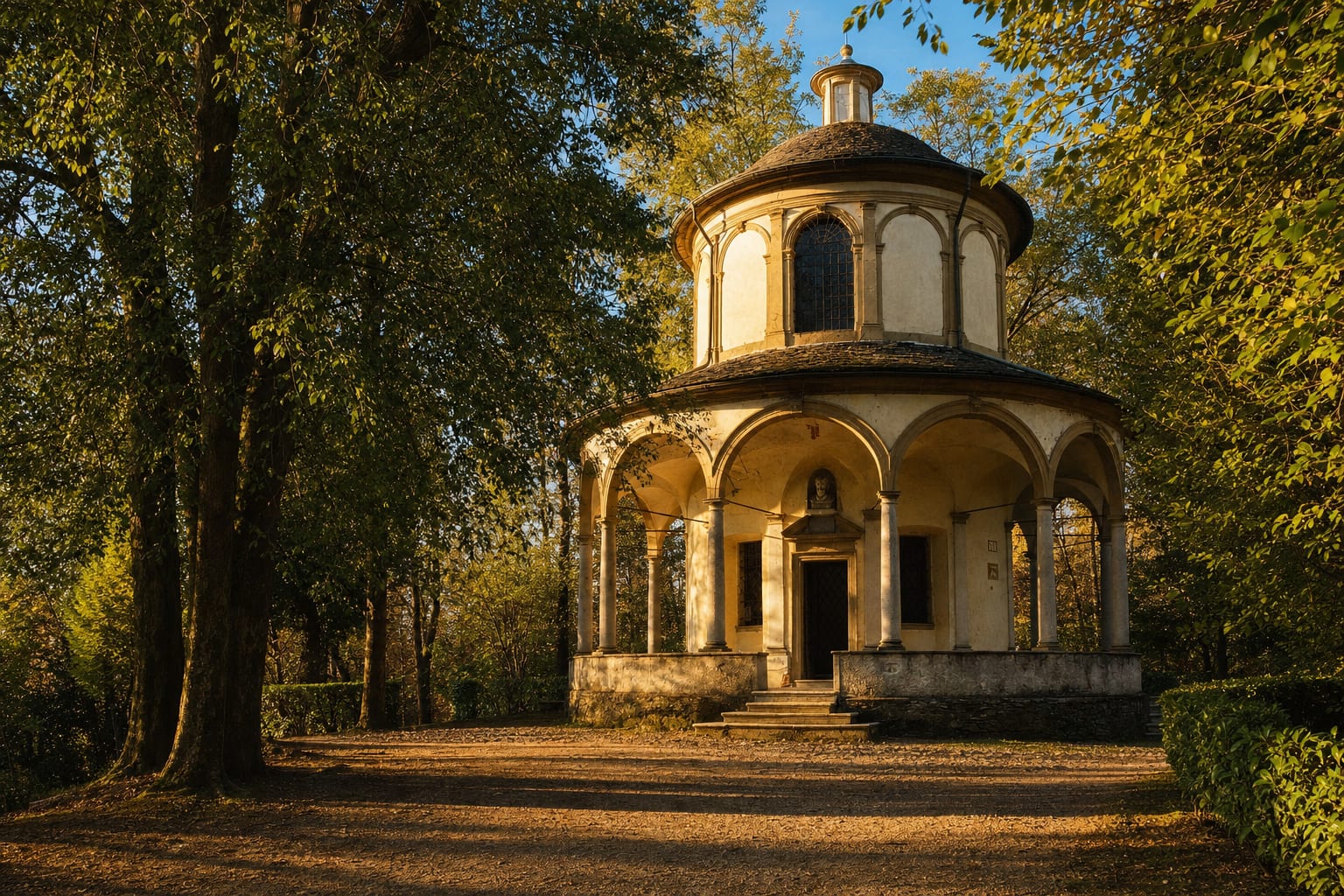 A frescoed chapel on the wooded Sacro Monte above Lake Orta