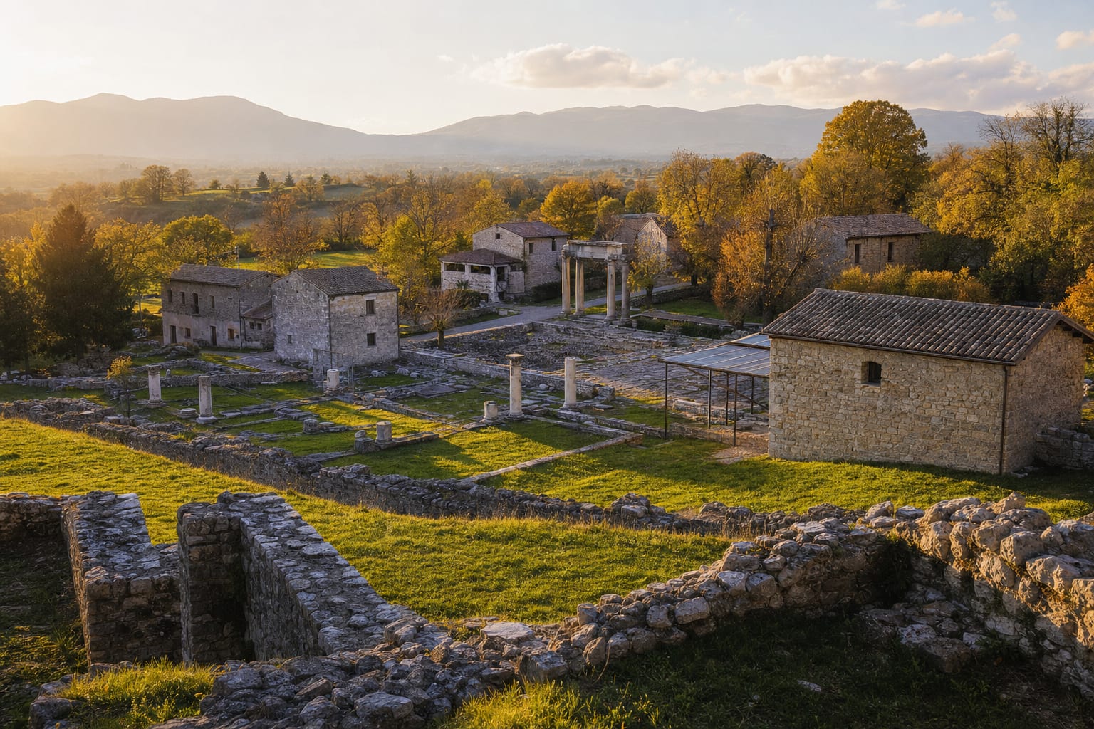 Saepinum's Roman walls and farmhouses sharing the Molise countryside