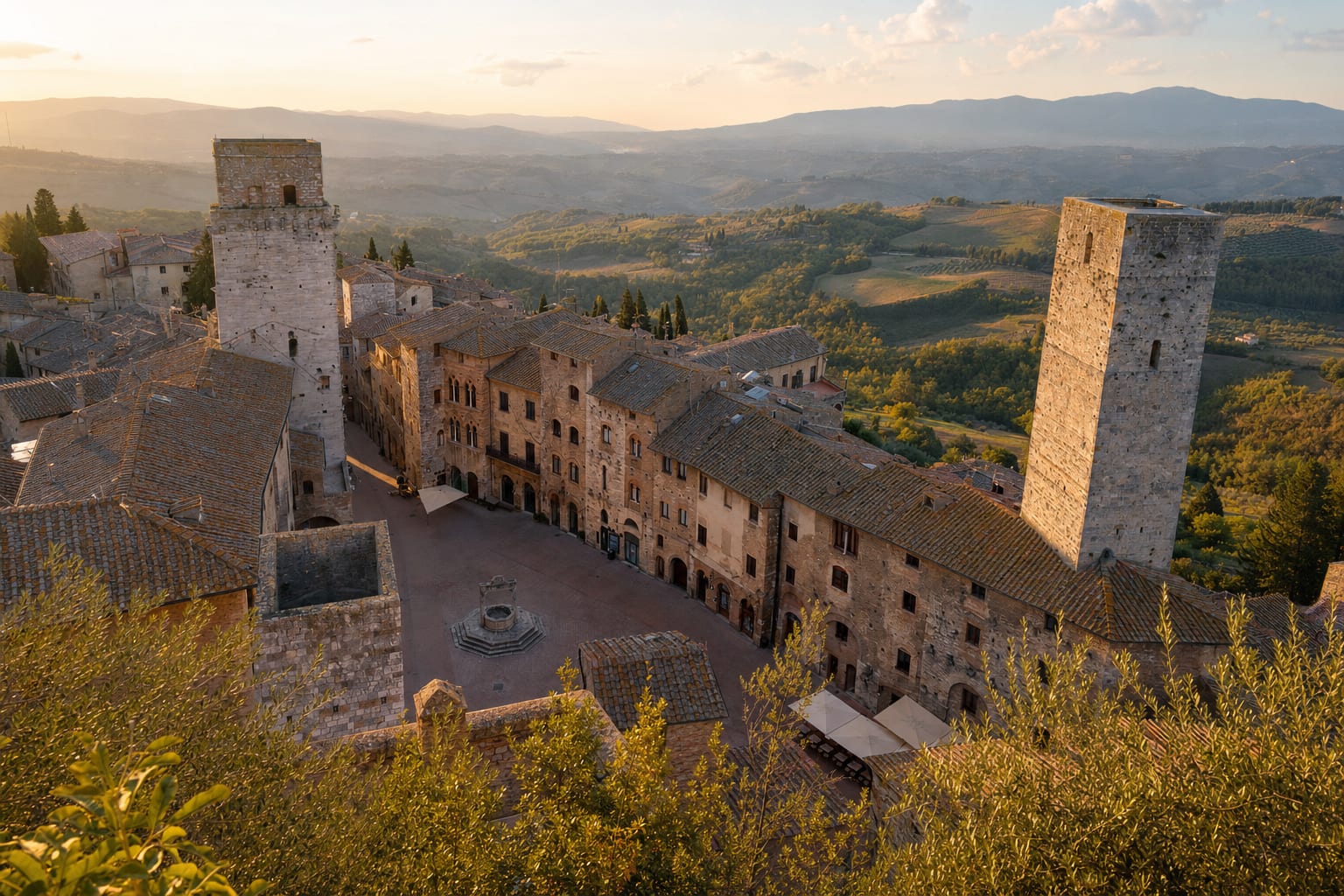 San Gimignano's towers over Piazza della Cisterna at dusk