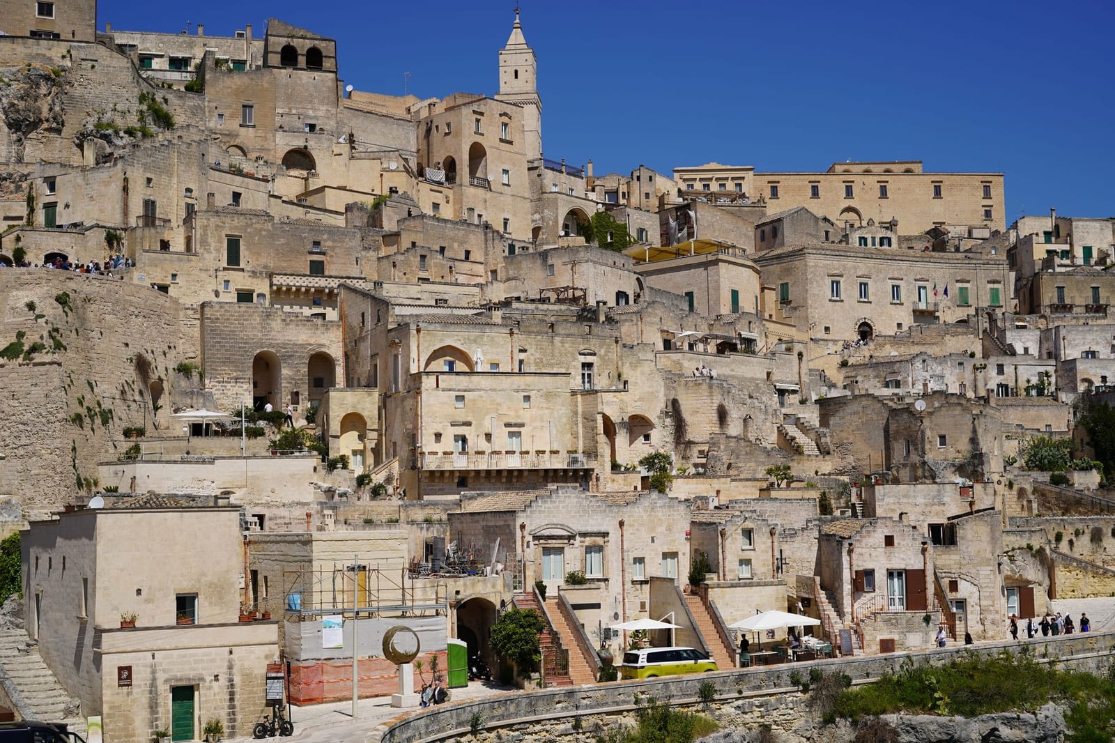 The Sassi of Matera stacked beneath the cathedral on the Civita spur