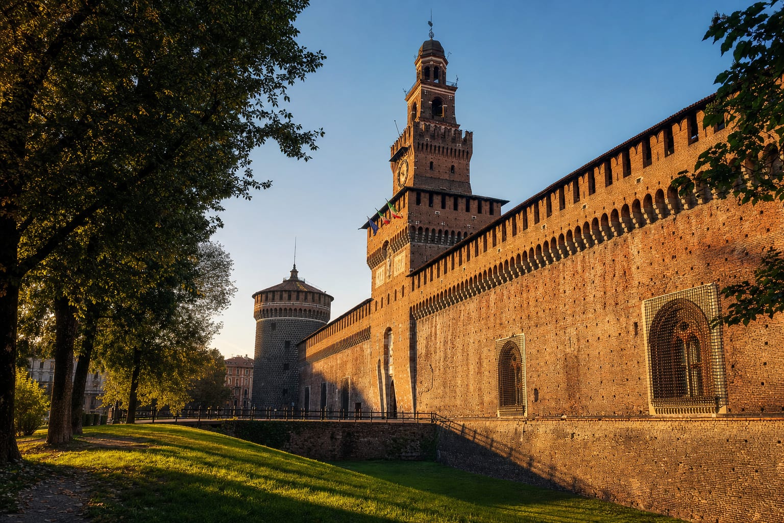 The brick ramparts and Filarete Tower of Sforza Castle, Milan