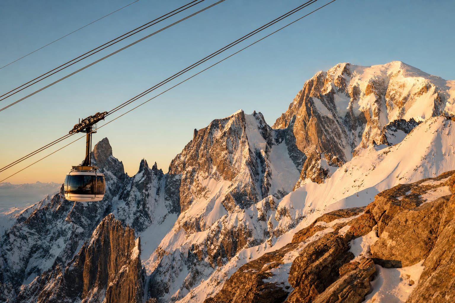 A Skyway cabin climbing toward Mont Blanc's granite and ice