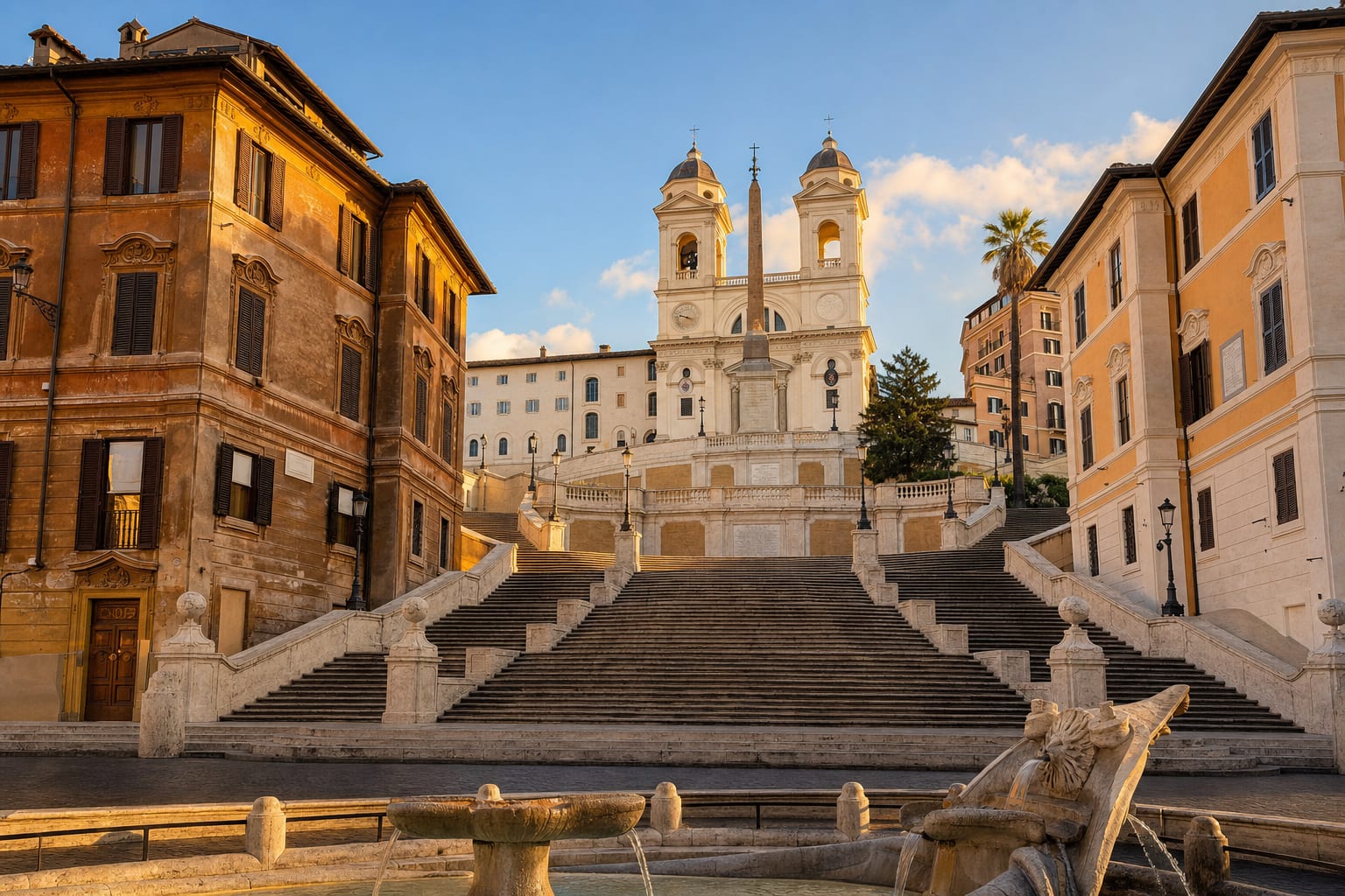 The Spanish Steps rising empty to Trinita dei Monti at first light