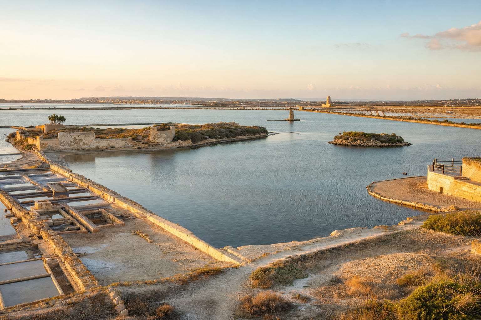 Salt pans and a windmill on the shallow Stagnone lagoon, Marsala