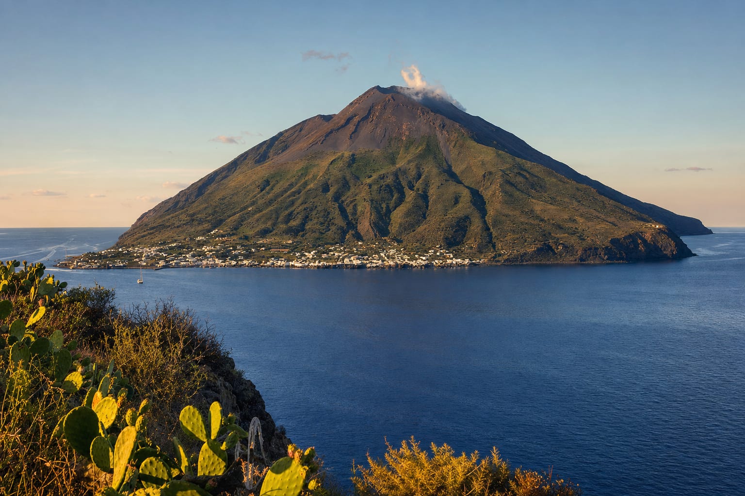 Stromboli's smoking cone rising sheer from the Tyrrhenian
