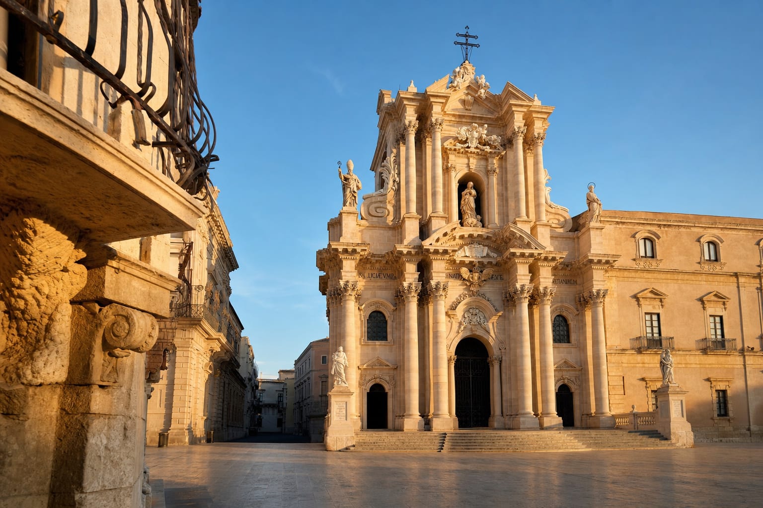 Syracuse Cathedral's baroque face on Ortigia's curving piazza