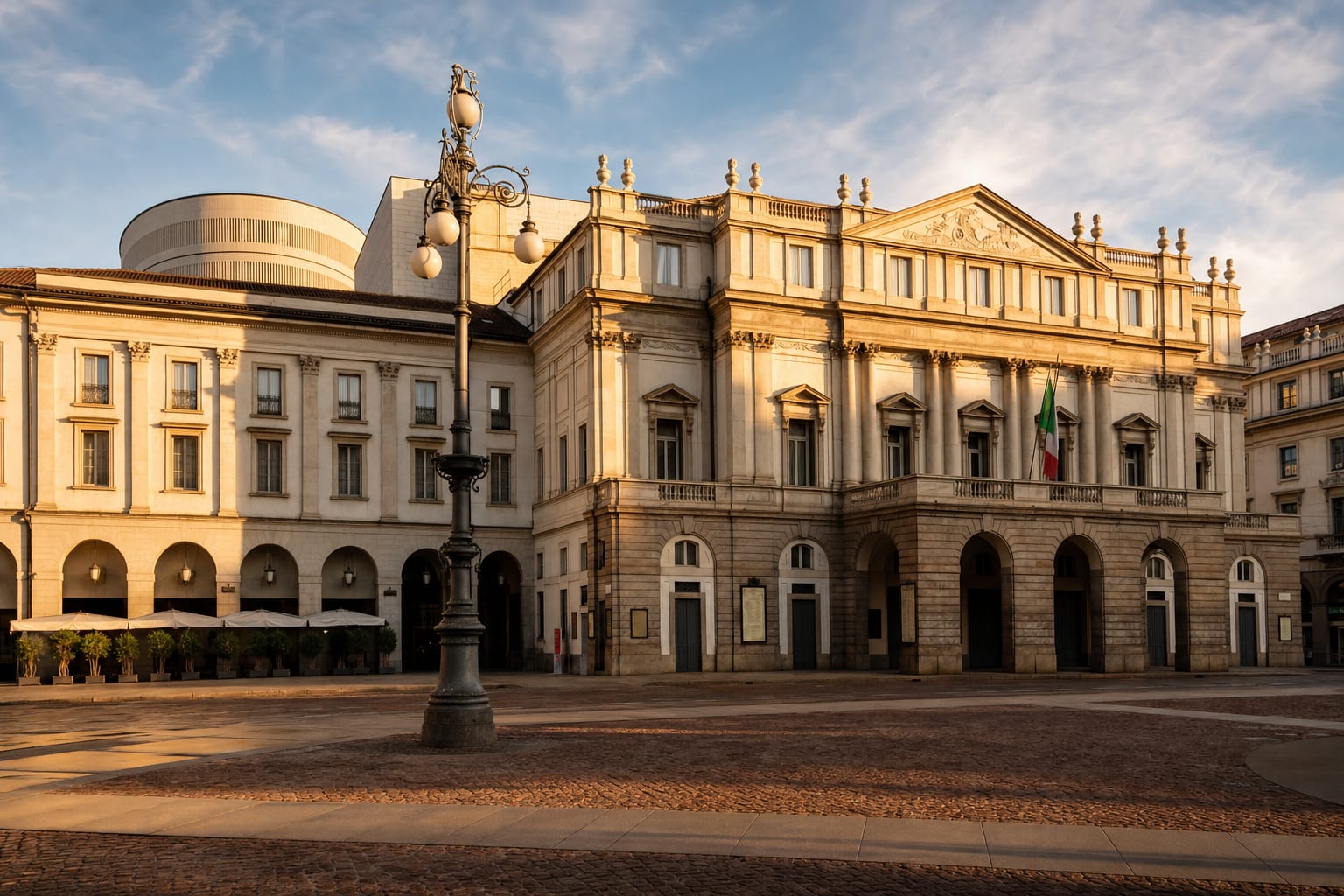 La Scala's neoclassical front on its Milan piazza at golden hour