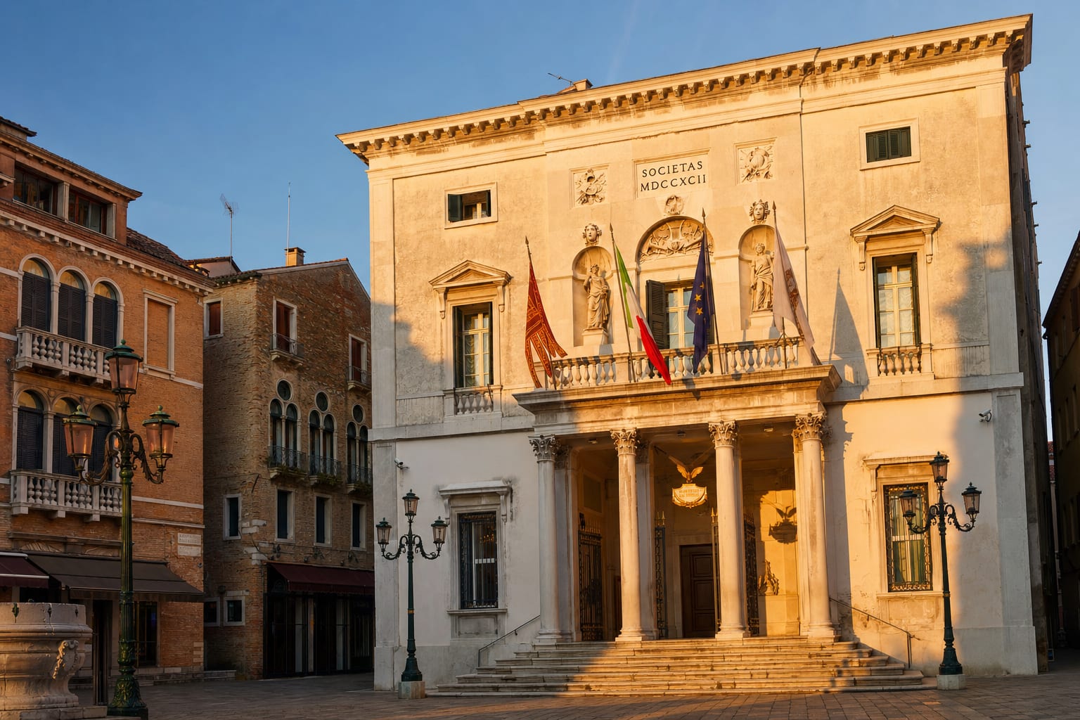 La Fenice's porch on its Venetian campo, the thrice-reborn opera house
